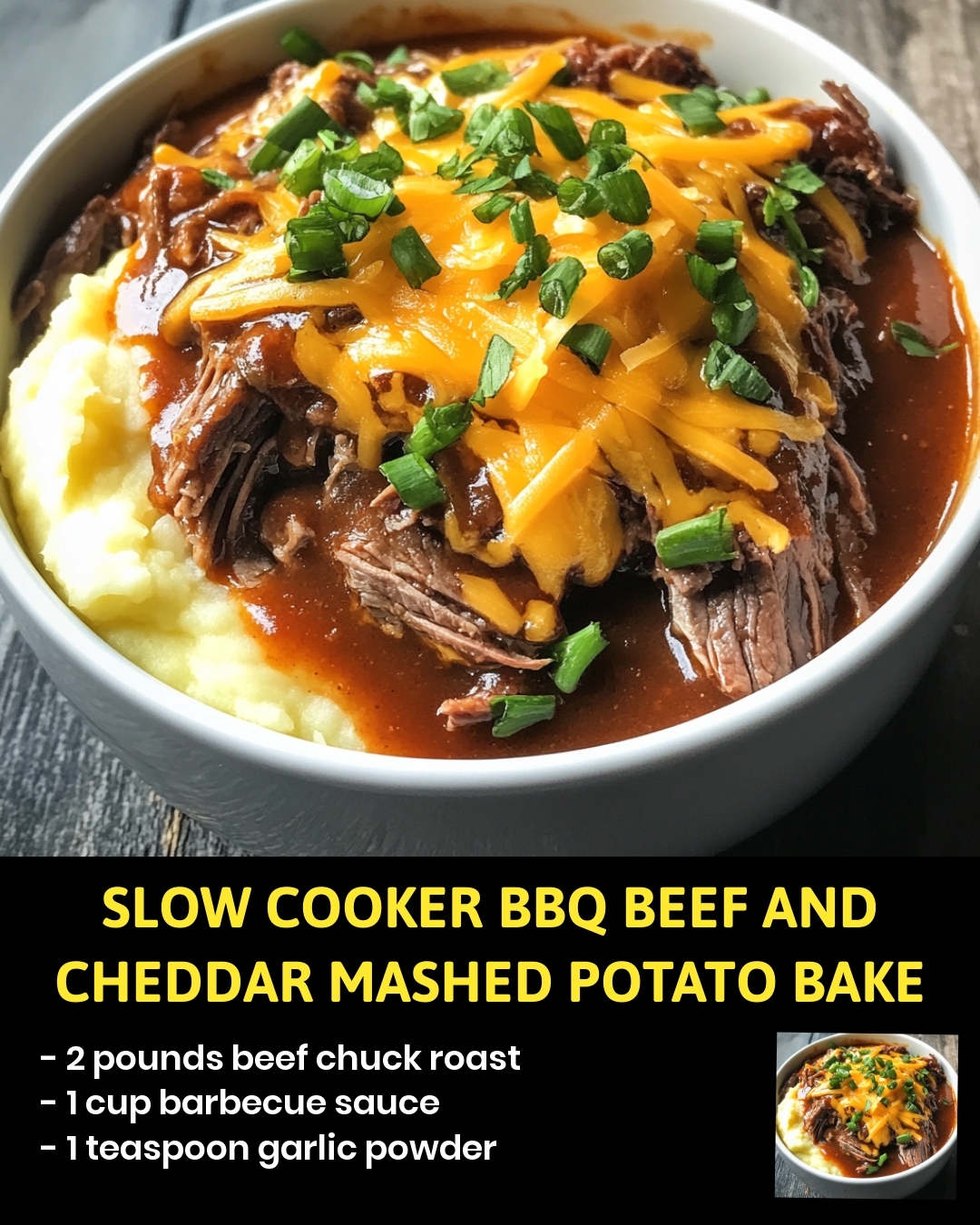 Slow Cooker BBQ Beef and Cheddar Mashed Potato Bake