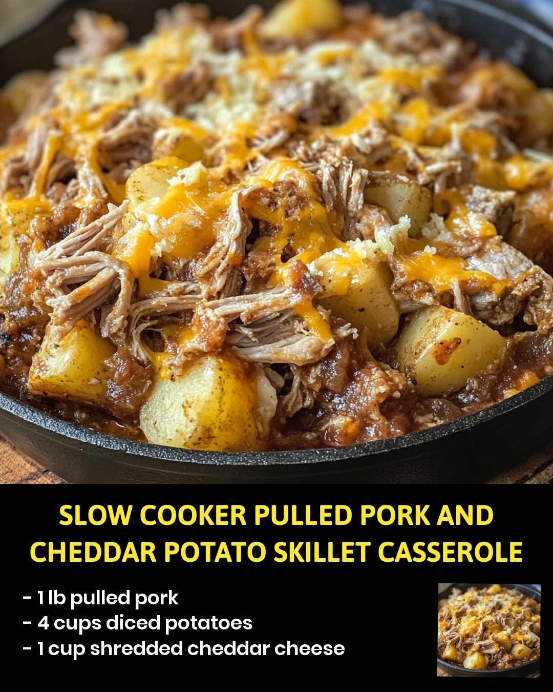 Slow Cooker Pulled Pork and Cheddar Potato Skillet Casserole