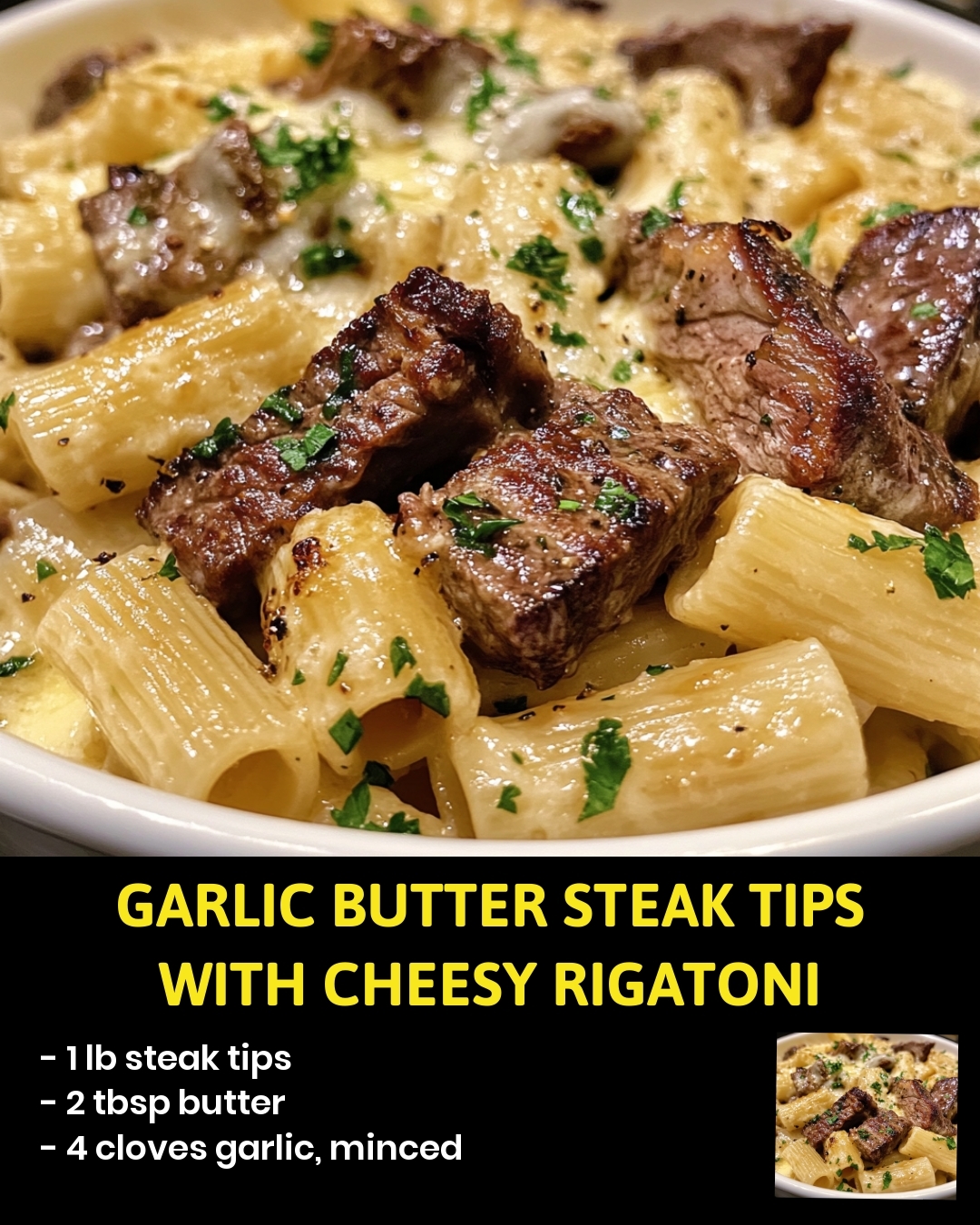 Garlic Butter Steak Tips with Cheesy Rigatoni