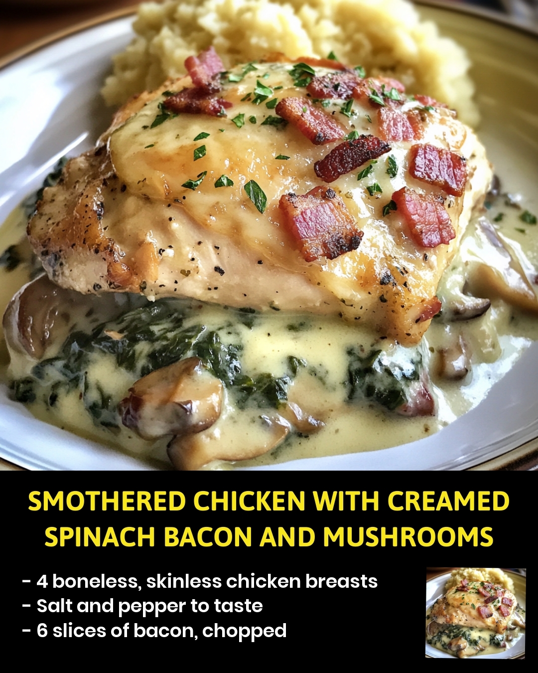 Smothered Chicken with Creamed Spinach, Bacon, and Mushrooms