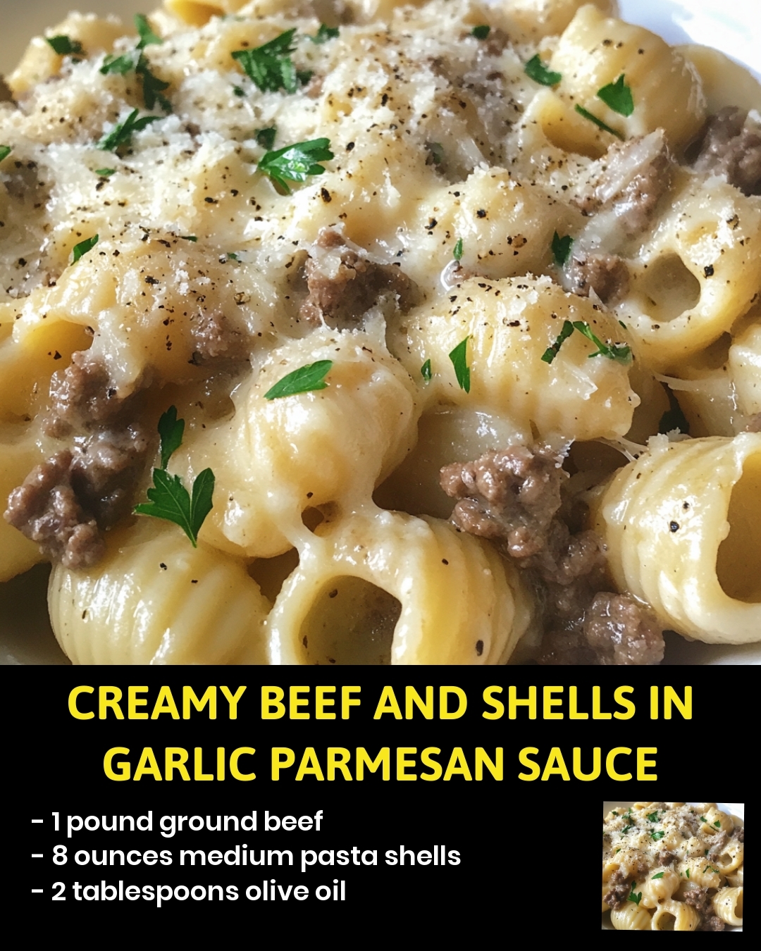 Creamy Beef and Shells in Garlic Parmesan Sauce
