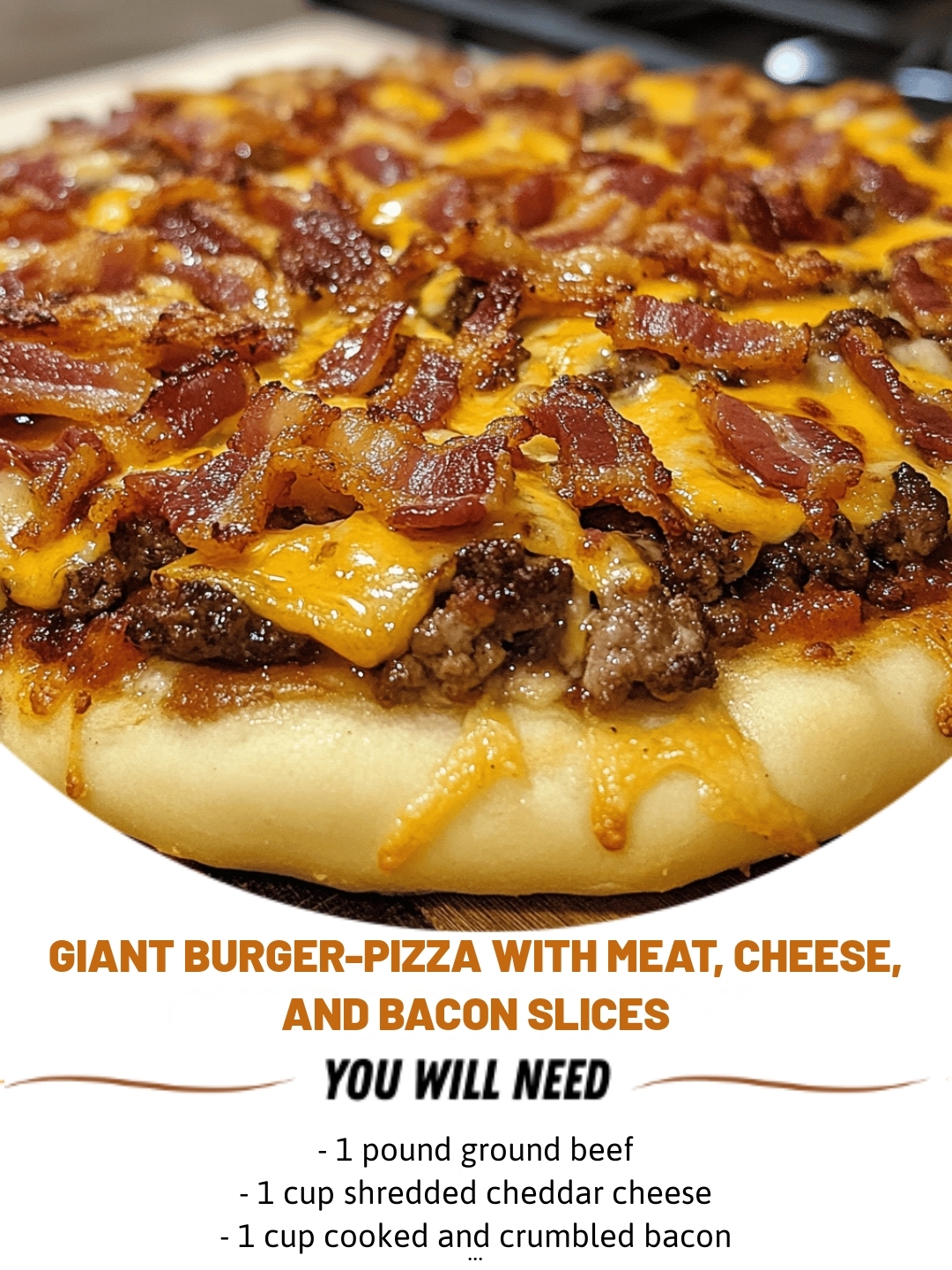 Giant Burger-Pizza with Meat, Cheese, and Bacon Slices